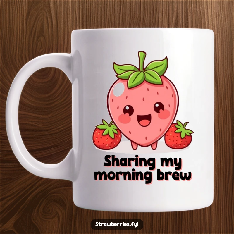 Funny mug showing a beaming Kawaii strawberry character with a wide smile, offering a small, delectable bite.