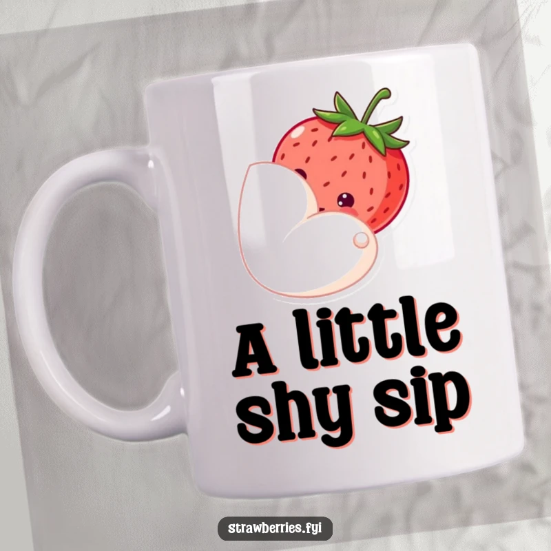 Funny mug featuring a shy strawberry peeking cautiously from behind a large petal, conveying innocence and sweetness.