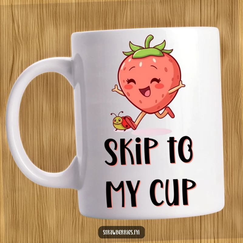 Funny jovial strawberry character mug skipping happily with a small ladybug companion, symbolizing friendship and joy, perfect gift.