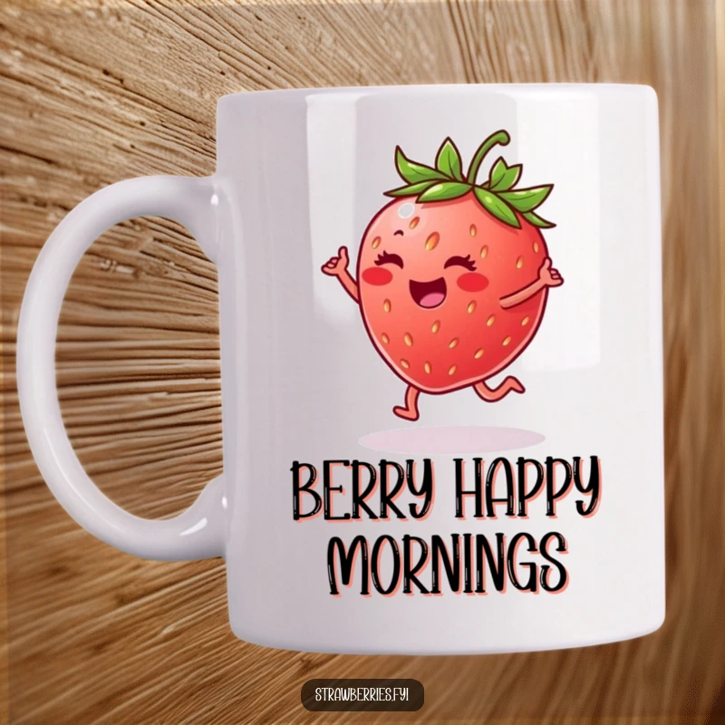 Funny mug showcasing a cheerful strawberry in a joyful dance pose on a green leaf, radiating happiness.
