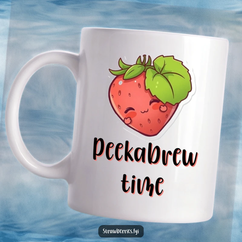 Funny mug with a strawberry character playfully hiding behind a green leaf, offering a cute and humorous peek.