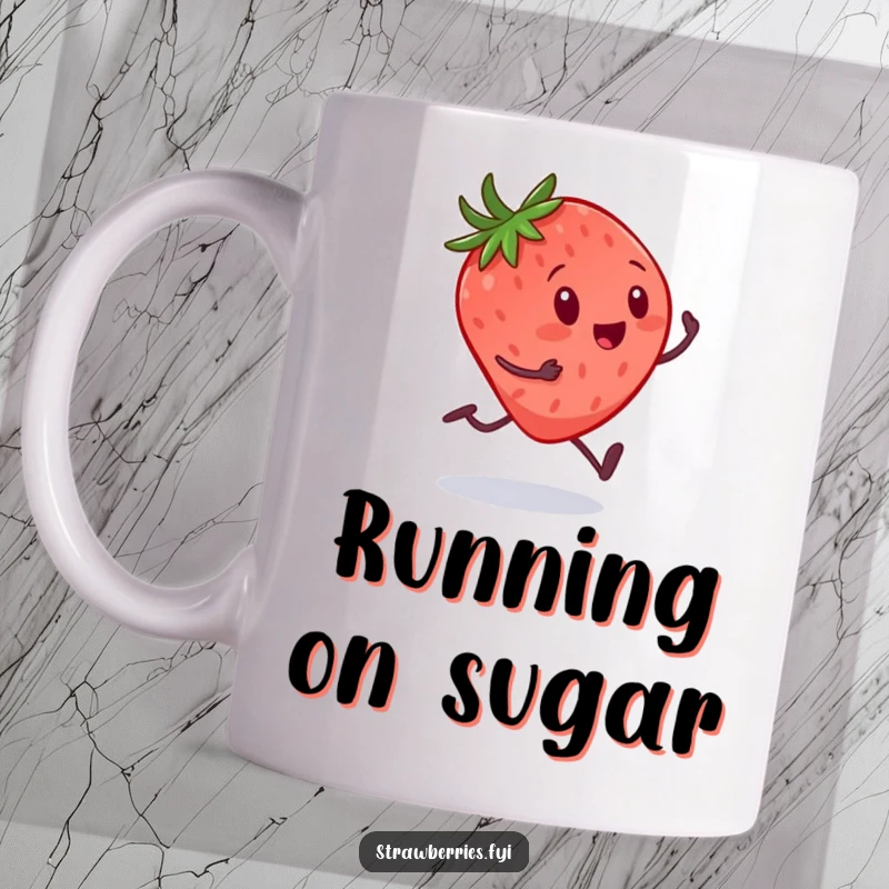Funny mug showing a small strawberry with tiny legs sprinting with excitement towards a massive spoon, symbolizing a love for sweets.