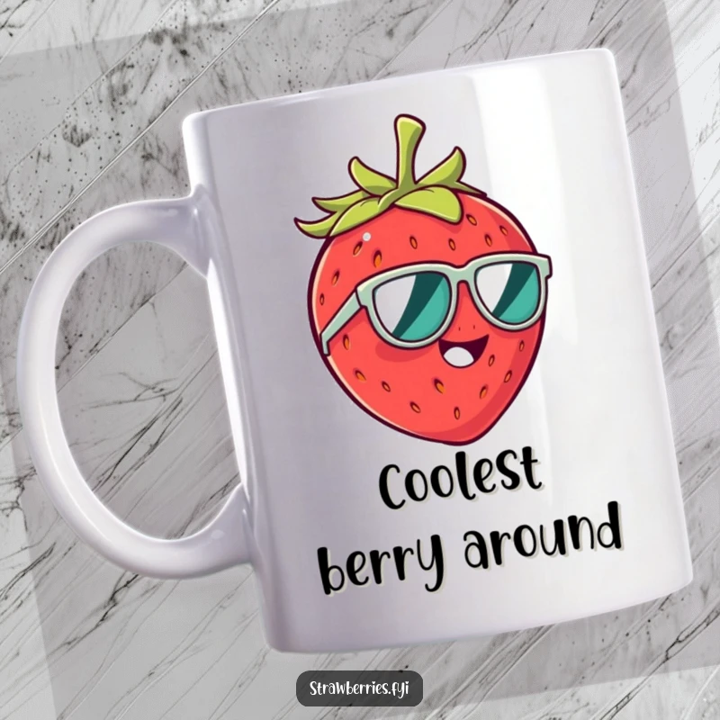 Funny mug featuring a giggling strawberry character in tiny sunglasses, spreading infectious joy and humor.