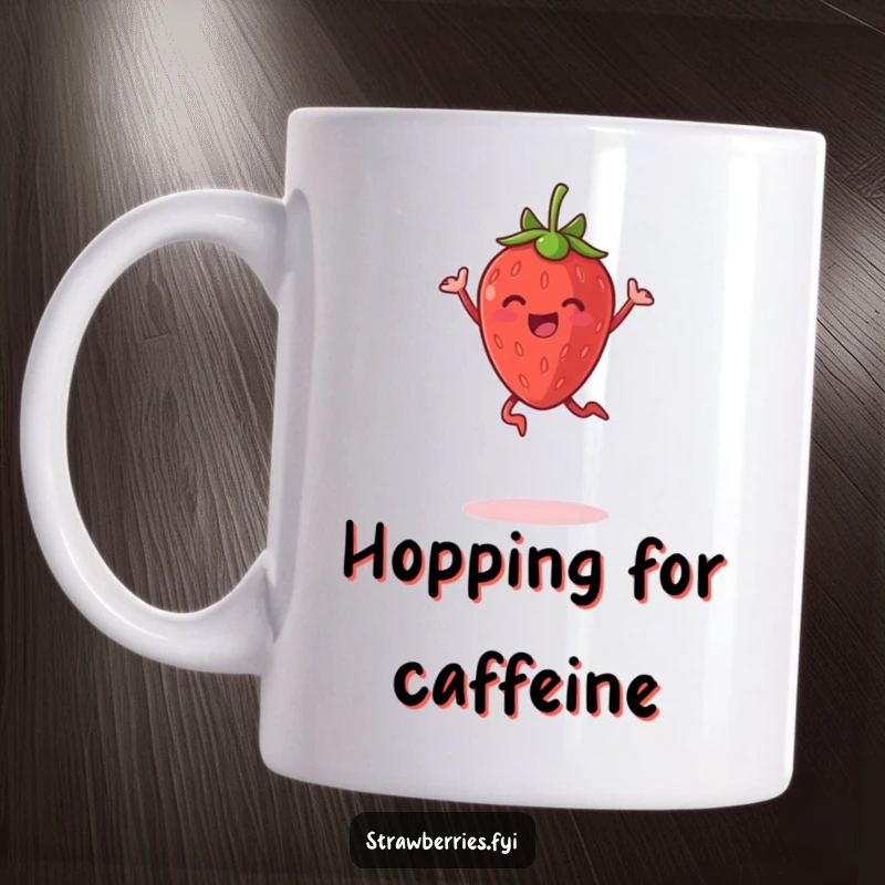 Funny mug featuring a delighted anthropomorphic strawberry leaping high in the air with pure joy.