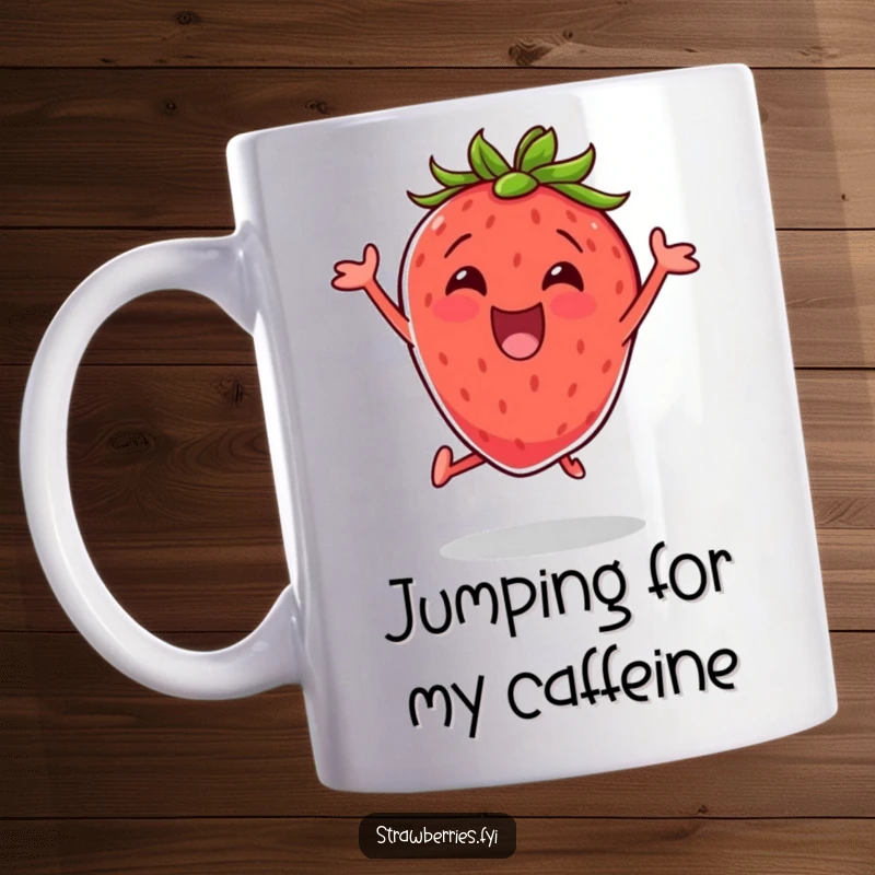Funny mug featuring an excited strawberry mid-jump doing a jumping jack, radiating pure energy and enthusiasm.