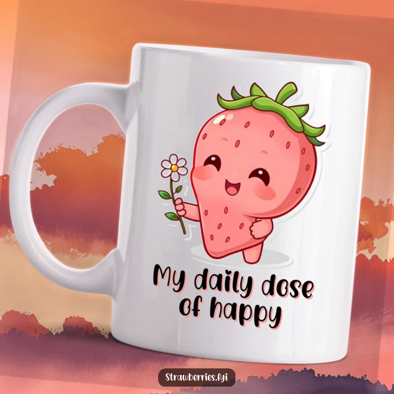 Funny mug featuring a beaming strawberry character joyfully offering a delicate tiny flower, radiating happiness.
