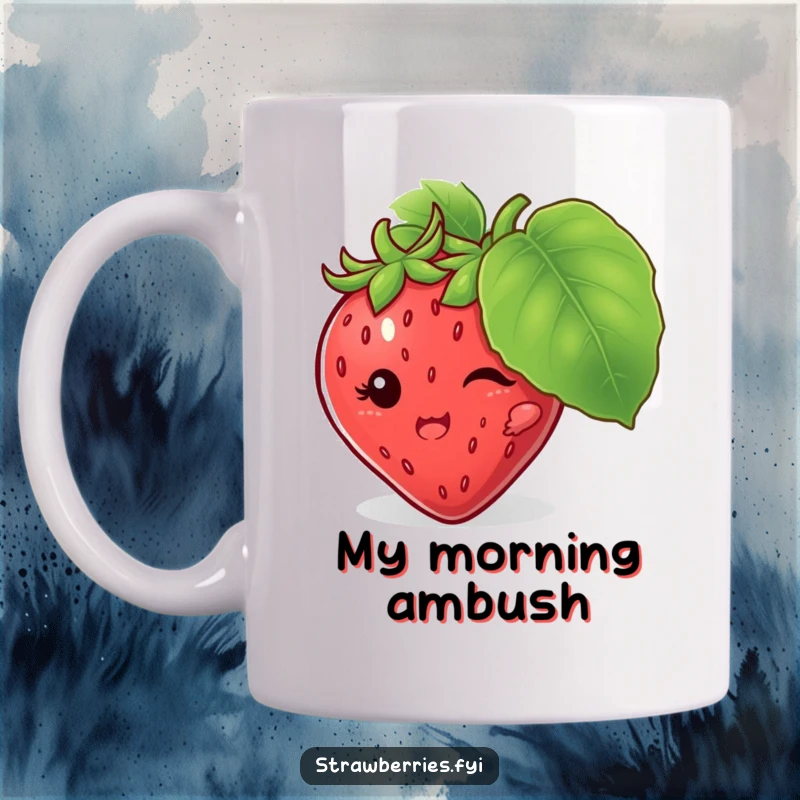 Funny mug featuring a mischievous strawberry character hiding behind a large leaf, a playful and humorous surprise.