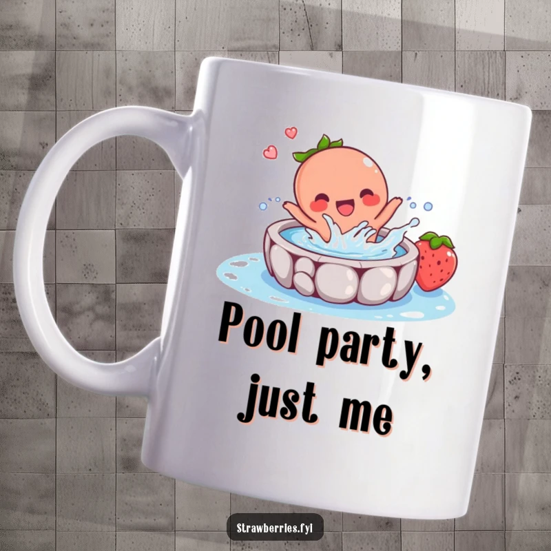Funny mug showing a happy strawberry character joyfully splashing water in a small pool, emphasizing carefree fun and delight.