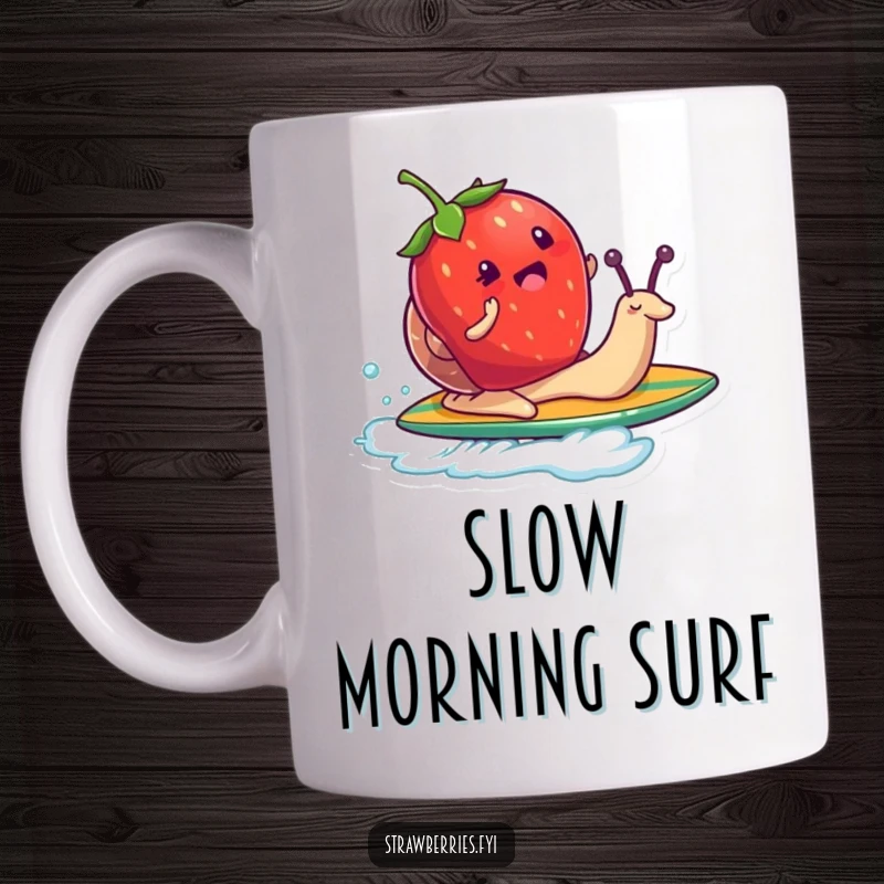 Funny mug featuring a strawberry character enthusiastically riding a snail as if it were a surfboard, capturing a hilarious, slow-motion adventure.