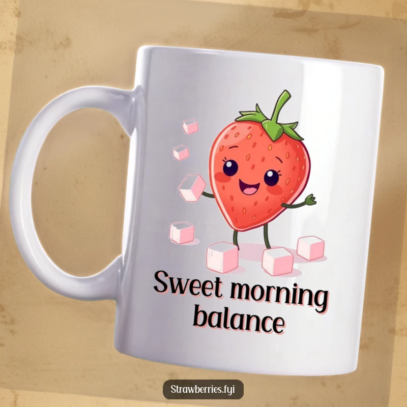 Funny Mug: Kawaii strawberry character with a big grin, skillfully juggling small sugar cubes, showcasing impressive sweet tricks.