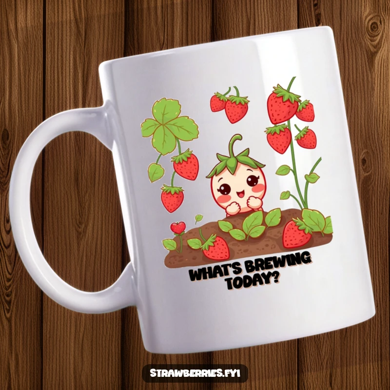 Funny Curious Strawberry Mug: A shy strawberry peeking from a garden patch, full of innocent curiosity and charm.