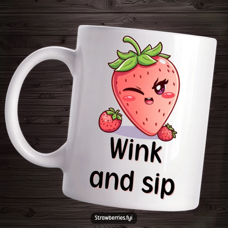 Funny mug showcasing a winking strawberry character with a mischievous glint, radiating playful humor and cheeky charm.
