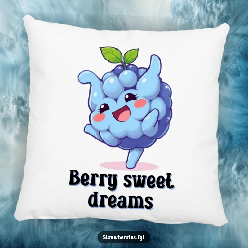 Funny Pillow: A playful blueberry character doing a somersault with a friendly grin, providing comfort and a humorous touch to any seating area.