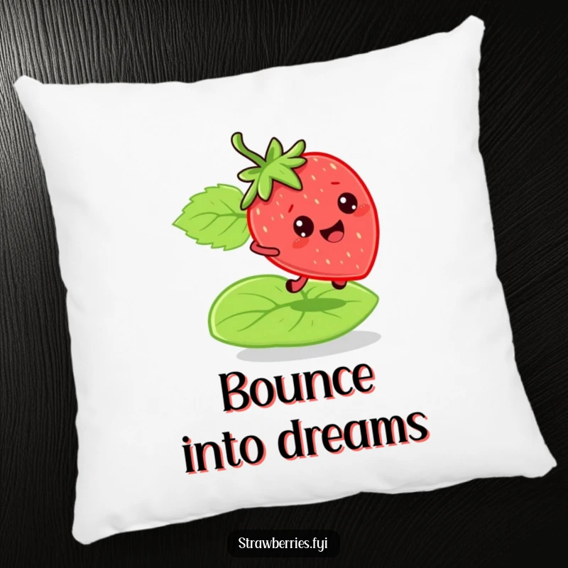 Funny bouncy strawberry pillow with a character energetically bouncing on a green leaf, offering soft comfort and a humorous, lively design.