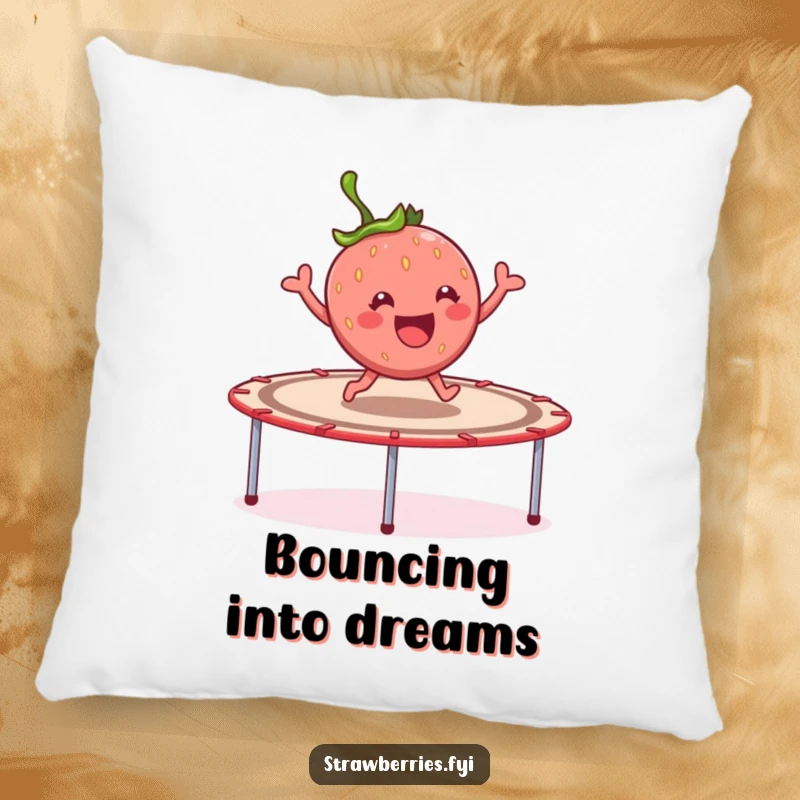 Funny cheerful strawberry character joyfully bouncing on a giant trampoline, a soft and humorous accent pillow.