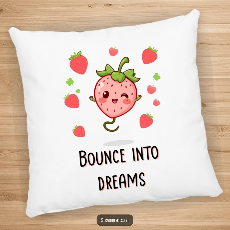 Funny kawaii strawberry character bouncing on a springy stem, depicted on a soft, plush pillow for comfortable, humorous relaxation.