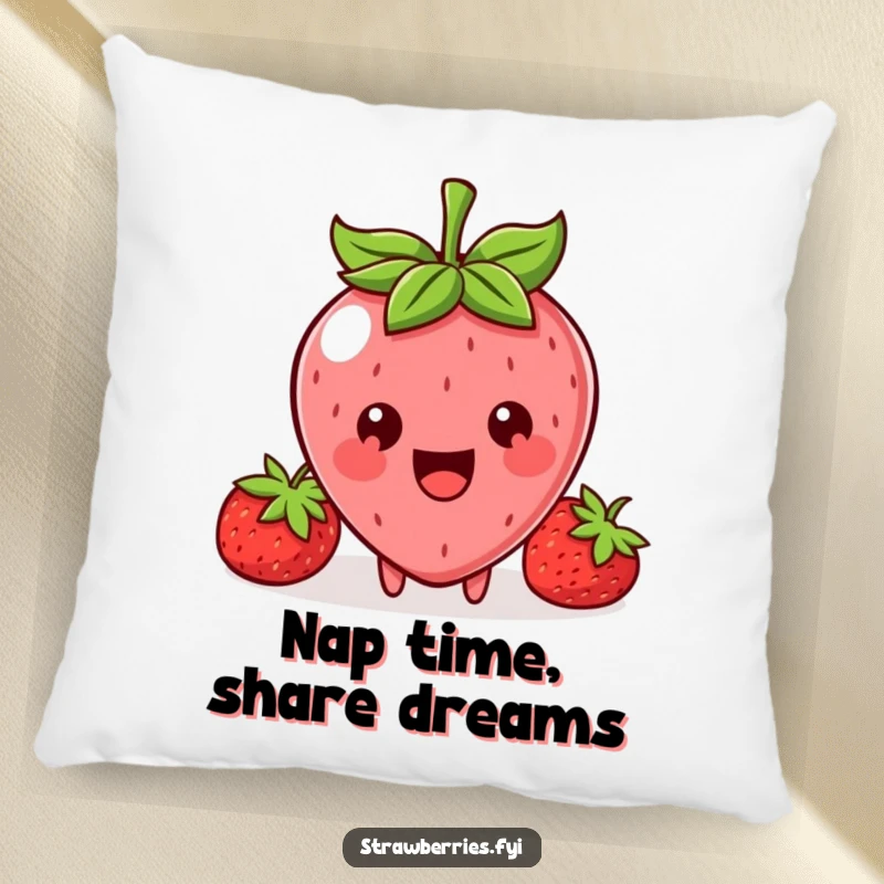 Funny, plush pillow showing a happy Kawaii strawberry character with a big smile, offering a tiny piece.