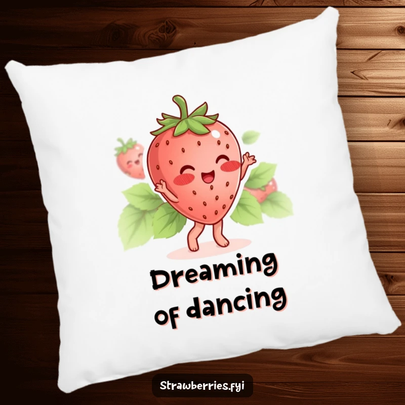 Funny pillow featuring a blushing strawberry character dancing with its leaves, for cozy sweet comfort.