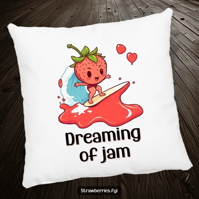 Funny Pillow: A strawberry determinedly surfing a wave of jam, offering soft, sticky, and humorous comfort.