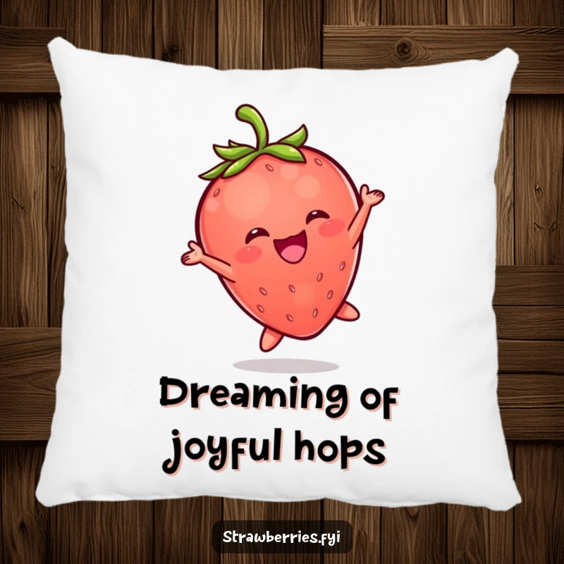 Funny pillow with a soft texture, illustrating a happy Kawaii strawberry character in a dynamic, gleeful leap.