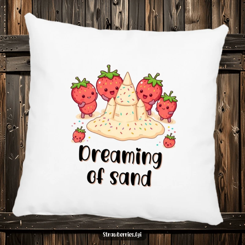 Funny pillow featuring strawberries attempting to build a sprinkle sandcastle, offering comfort with a side of beachy humor.