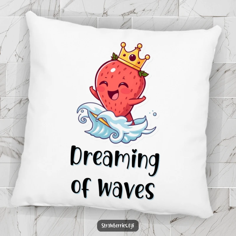 Funny strawberry pillow featuring a laughing crowned fruit character riding a wave, offering humorous comfort and playful decor.
