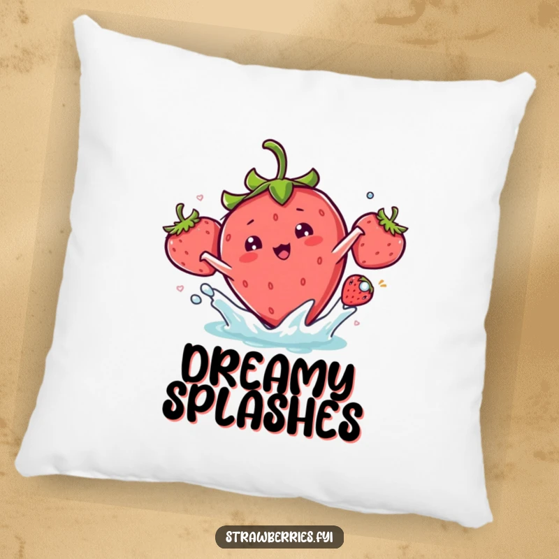 Funny kawaii strawberry character doing a playful splash on this soft and cheerful pillow.