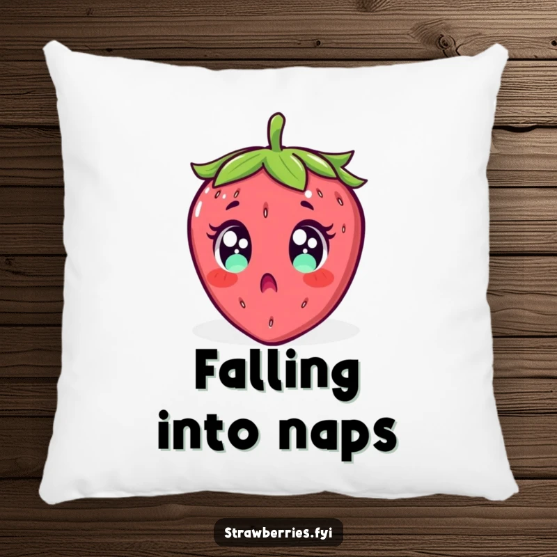 Funny pillow featuring a surprised strawberry with wide eyes, comically falling backward, a whimsical accent piece.
