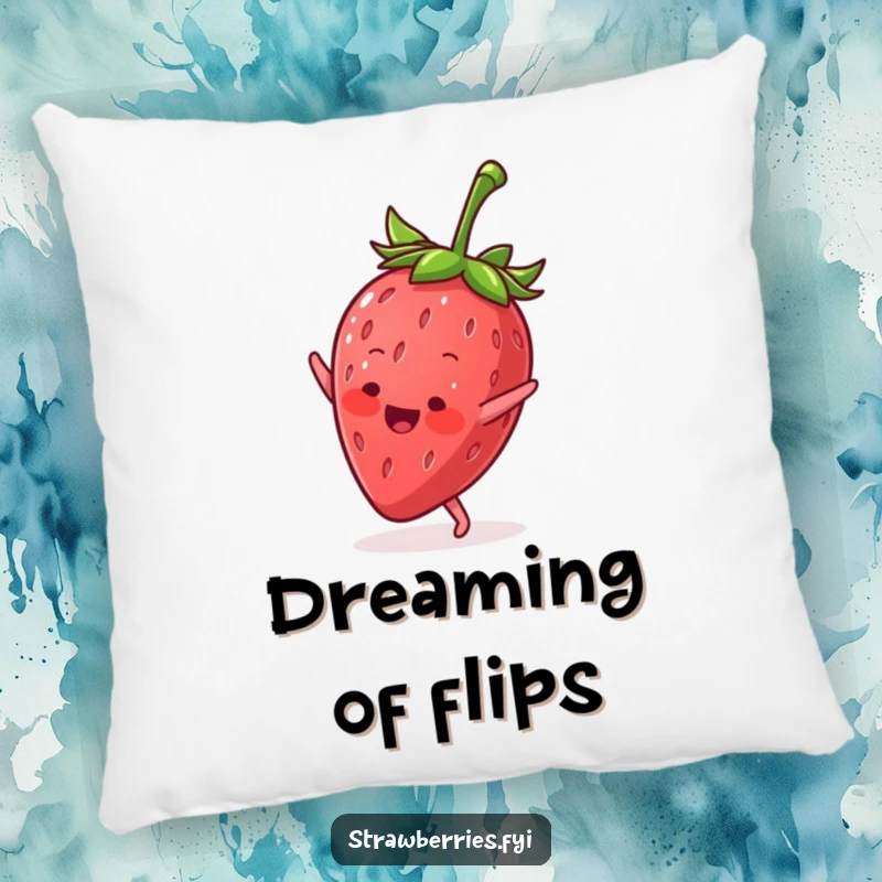 Funny pillow featuring a gleeful anthropomorphic strawberry mid-cartwheel pose, bringing energetic comfort to any room.