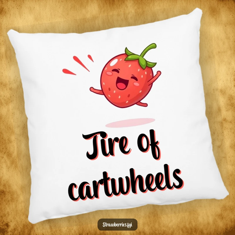 Funny strawberry pillow featuring a giddy fruit character doing a happy cartwheel with a red streak, offering humorous comfort and playful decor.