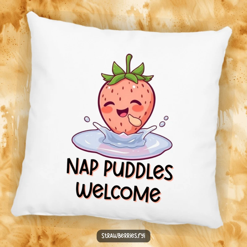 Funny pillow with a happy strawberry character splashing in a puddle, offering a soft and humorous decorative accent.