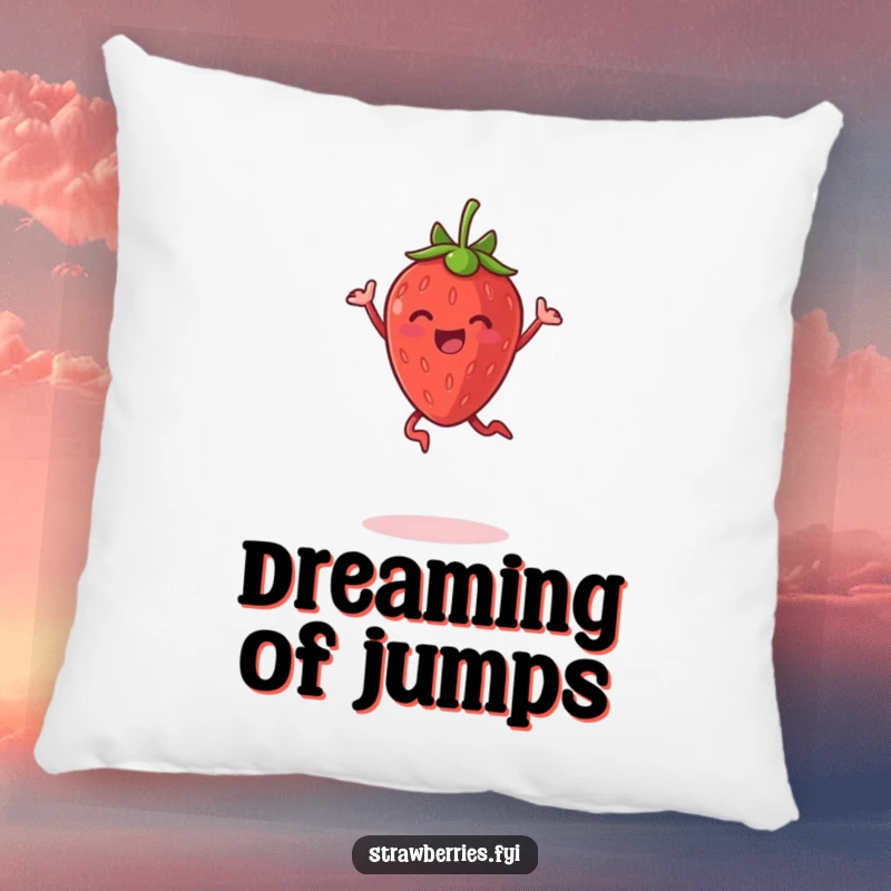 Funny pillow featuring a joyful anthropomorphic strawberry in a mid-air jump pose, perfect for cozy comfort.