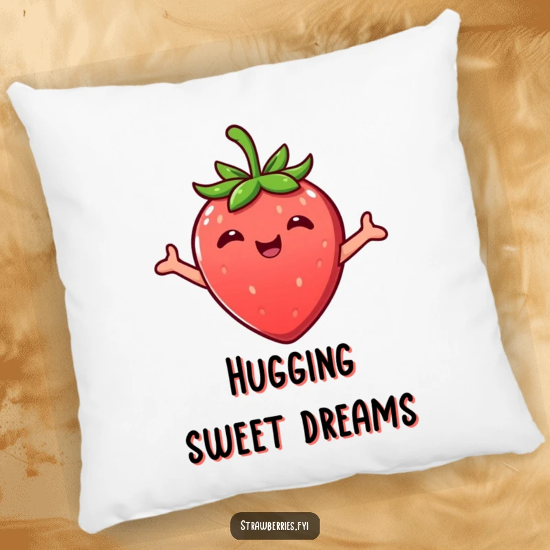 Funny Kawaii strawberry character in a loving embrace featured on a plush pillow, offering comfort.