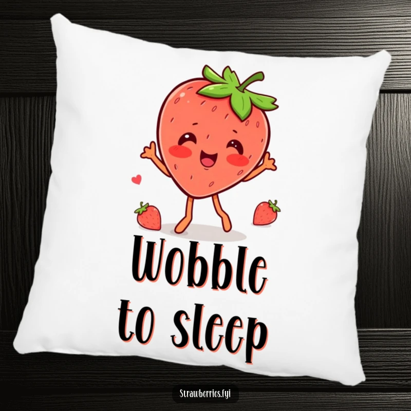Funny kawaii strawberry character doing a happy wobble dance on this soft and cheerful pillow.