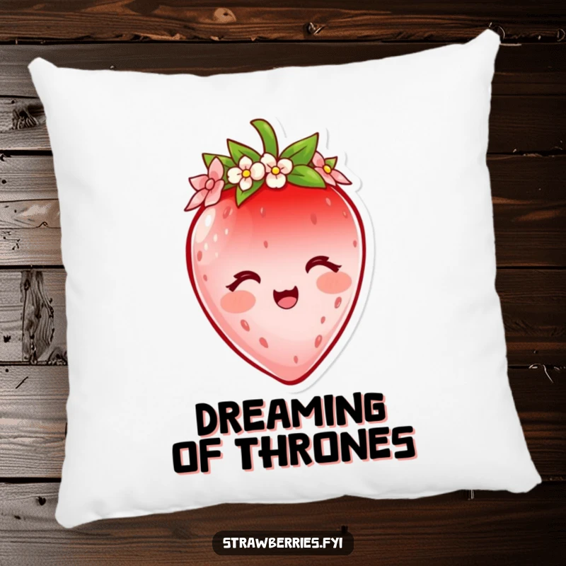 Funny strawberry pillow featuring a delighted character wearing a flower petal crown, offering soft comfort and a humorous, sweet design.