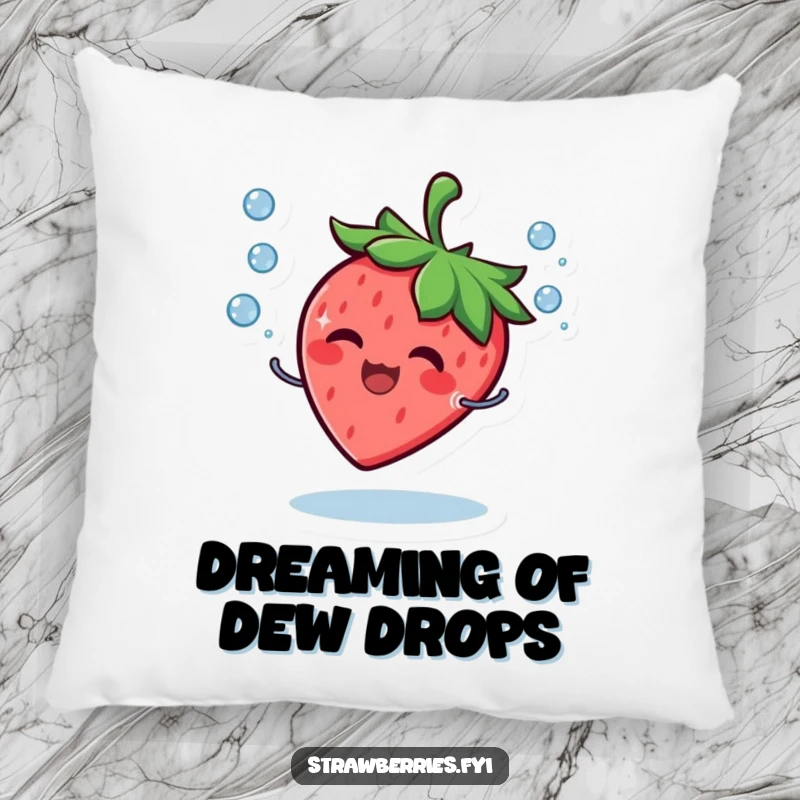 Funny Pillow showcasing a giggling strawberry character in the act of juggling small water droplets with a joyful smile.