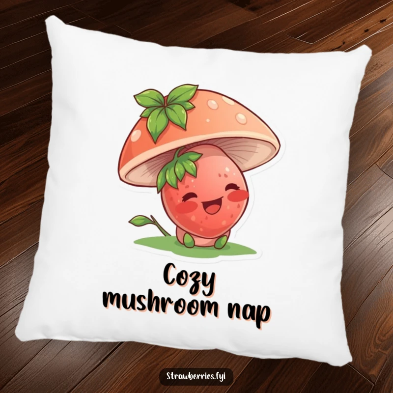 Funny pillow featuring a giggling strawberry character under a mushroom, providing comfort and a humorous, cute touch.