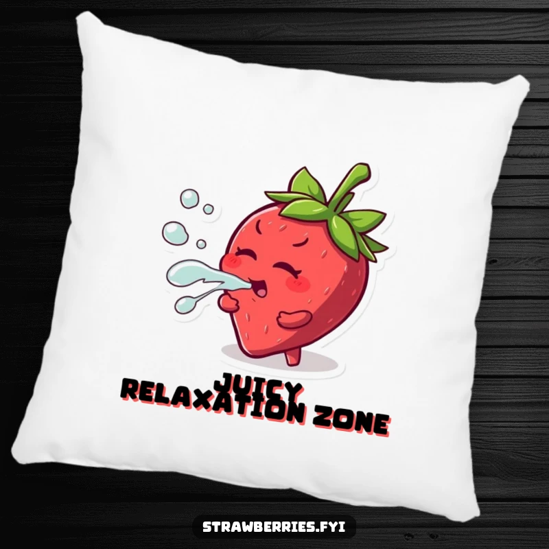 Funny pillow featuring a mischievous strawberry character playfully squirting juice, offering fruity and comfy relaxation.