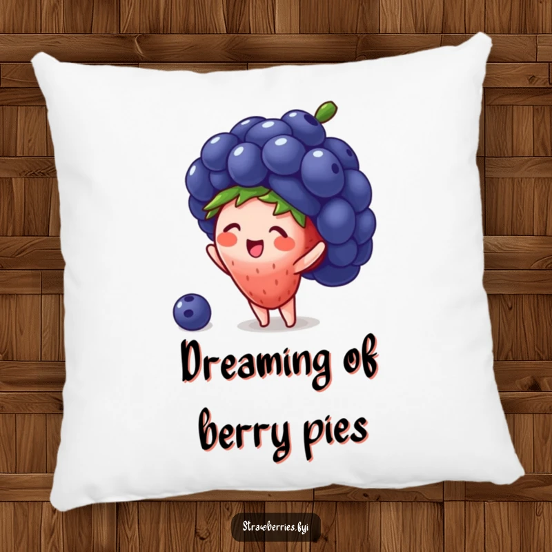Funny pillow illustration of a tiny strawberry character wearing a large blueberry as a hat, offering humorous and cute comfort.