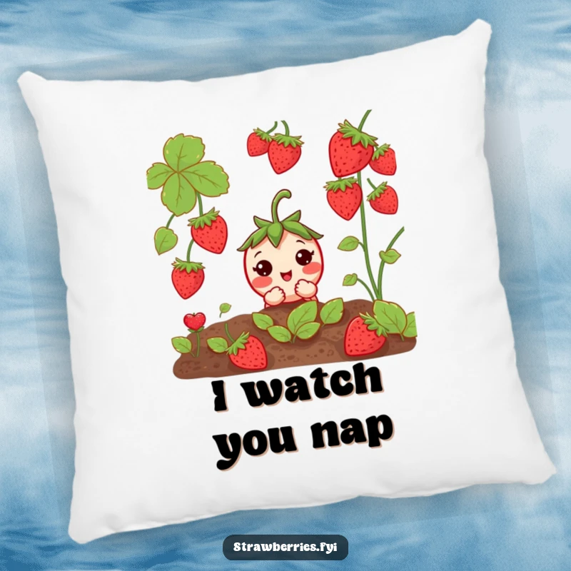 Funny Curious Strawberry Pillow: A shy strawberry peeking from a garden, offering comfort and charming humor.