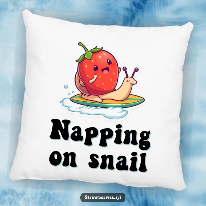 Funny pillow featuring a strawberry character surfing on a snail like a surfboard, providing comfort with a side of whimsical humor.