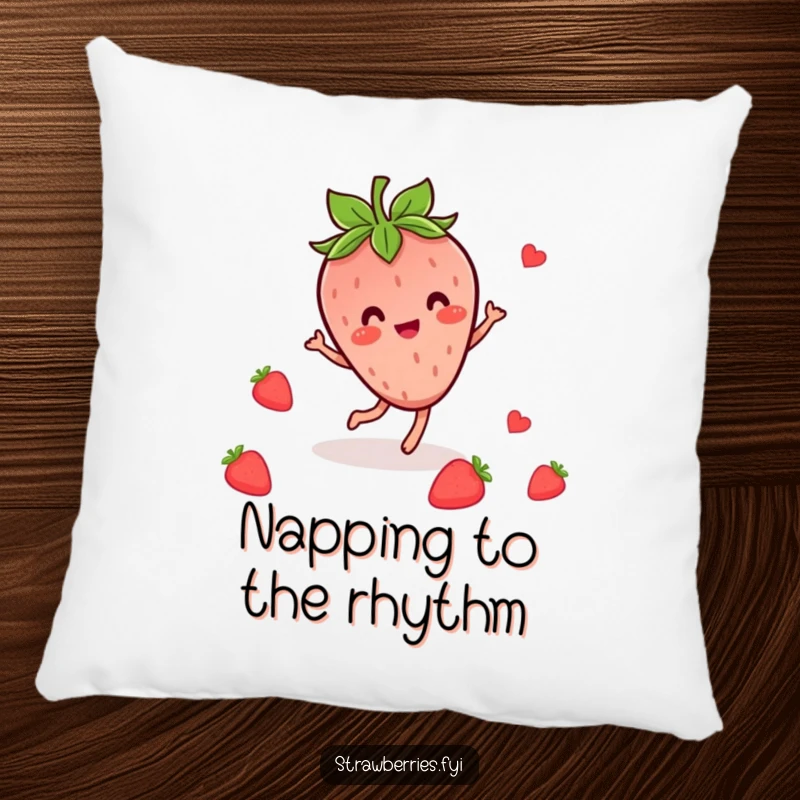 Funny, soft pillow showcasing a joyful Kawaii strawberry character caught in a delightful dance amidst leafy motifs.