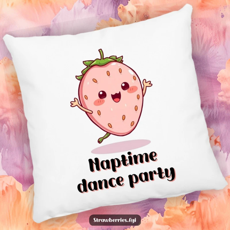 Funny Pillow: A soft cushion showcasing a kawaii strawberry character performing a silly dance, its seeds humorously wobbling.