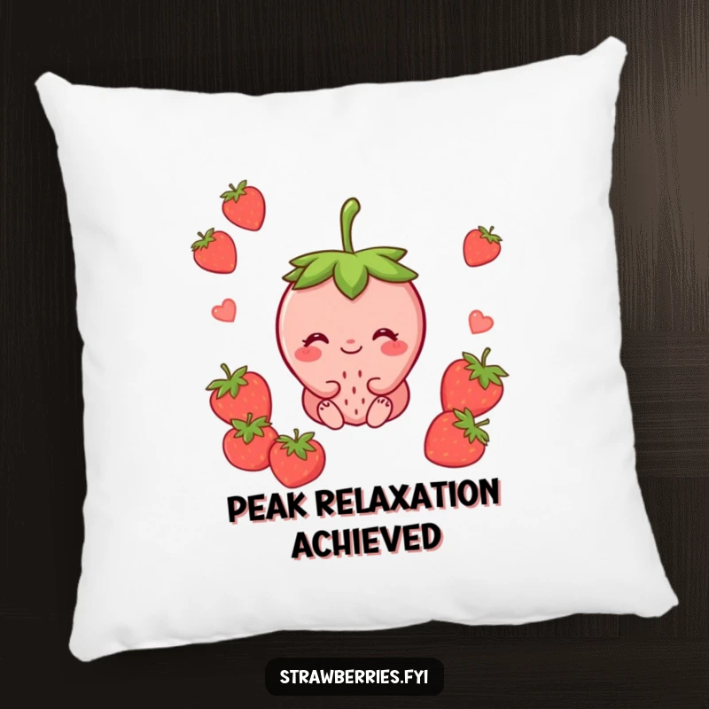 Funny pillow with a content strawberry character smiling peacefully, providing a soft and calming decorative element.