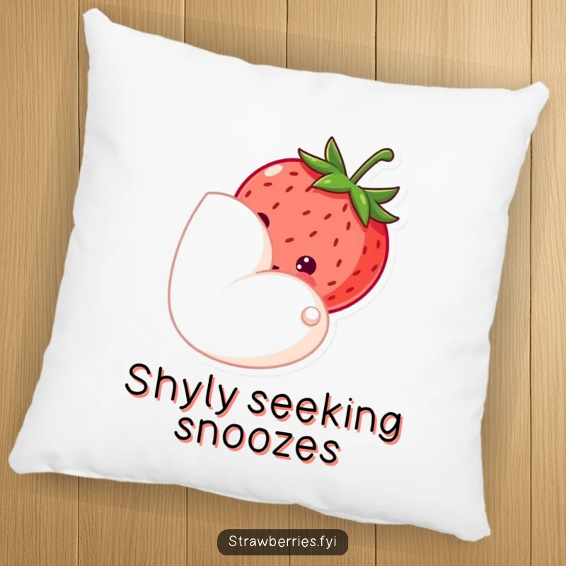 Funny pillow featuring a shy strawberry peeking from behind a petal, offering plush comfort with a touch of sweet innocence.