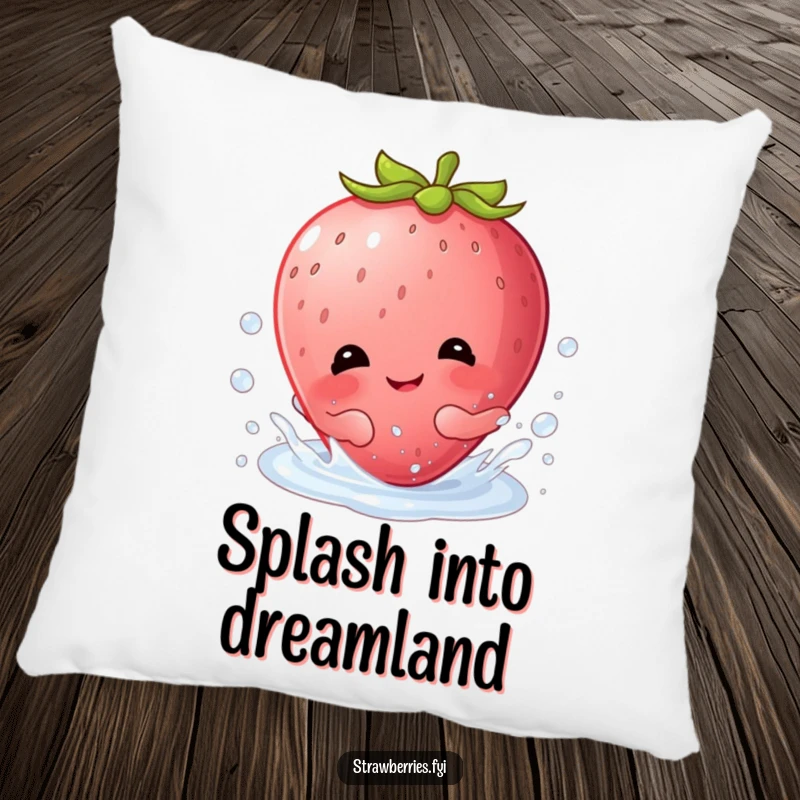 Funny, plush pillow showing a happy Kawaii strawberry character giggling with joy while splashing in a dewdrop.
