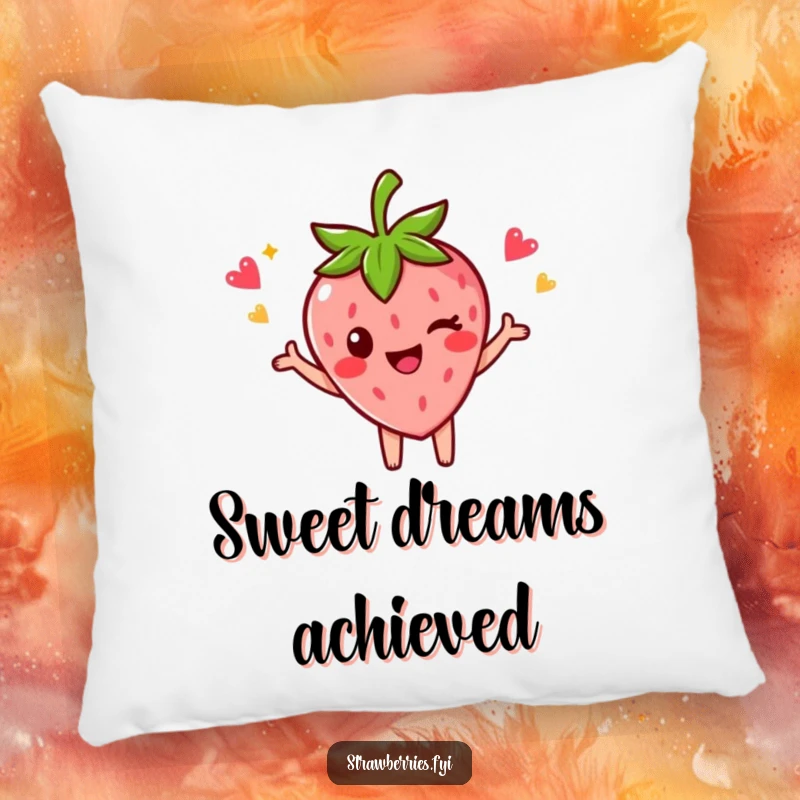 Funny pillow featuring a strawberry character in a celebratory pose with a wink, offering comfy and victorious relaxation.