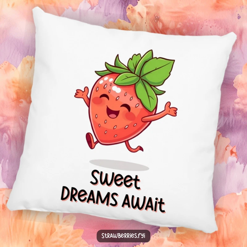 Funny pillow designed with a happy strawberry character wearing a leafy crown, in a joyful hop, offering comfort and fruity charm.