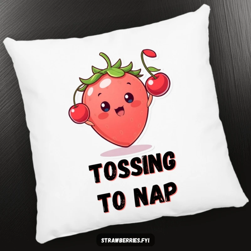Funny strawberry character in a moment of pure glee, tossing a miniature cherry, a soft and humorous accent pillow.