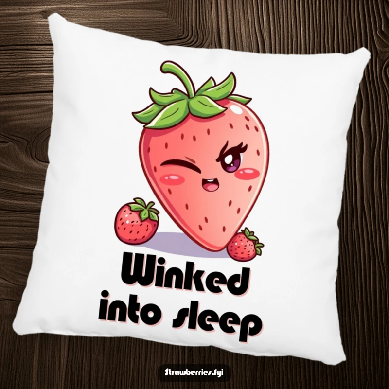 Funny pillow showcasing a winking strawberry character with a mischievous glint, offering plush comfort and playful, humorous charm.
